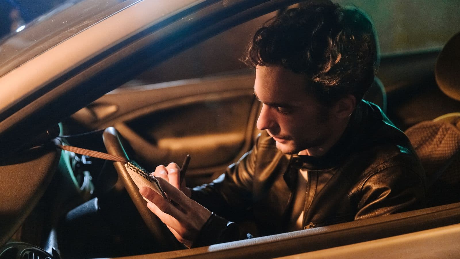 A hand writing in a notebook inside a car, representing how to calculate mileage reimbursement step by step